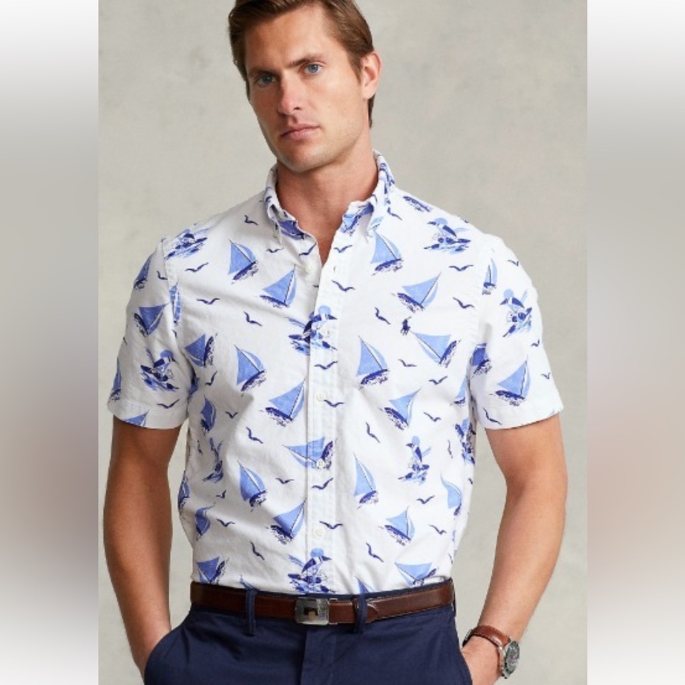 NWT Men’s Polo Ralph Lauren size Large sailboat blue and white button shirt